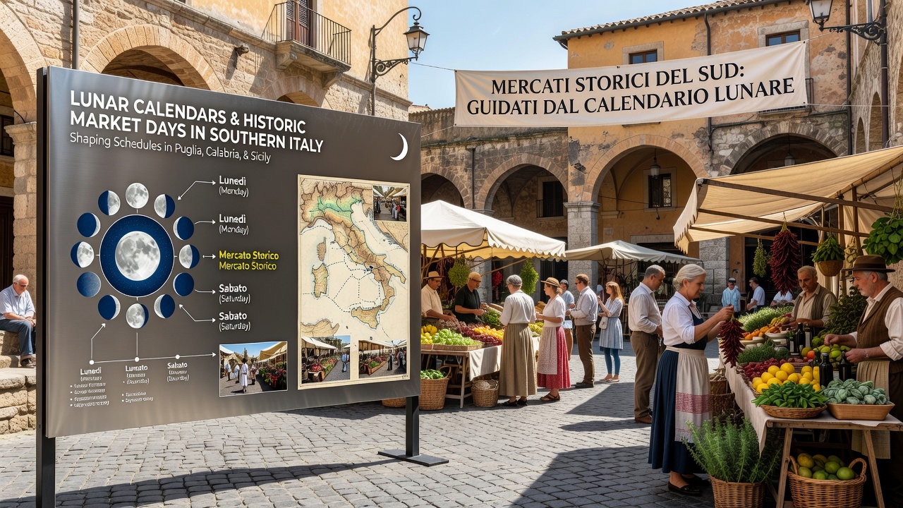 Crowds at a nighttime market in Calabria with stalls lit by lanterns and the moon overhead